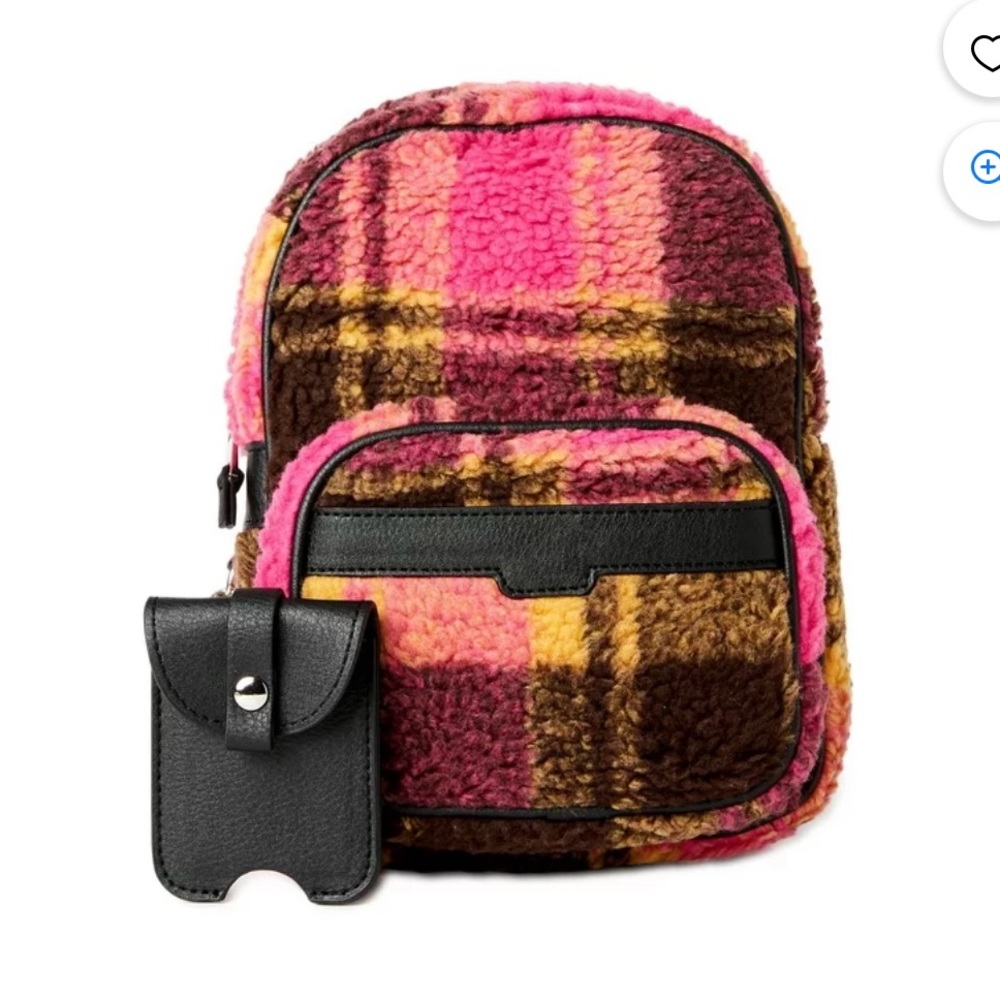 Plaid Pink and Brown Backpack with Black Card Holder